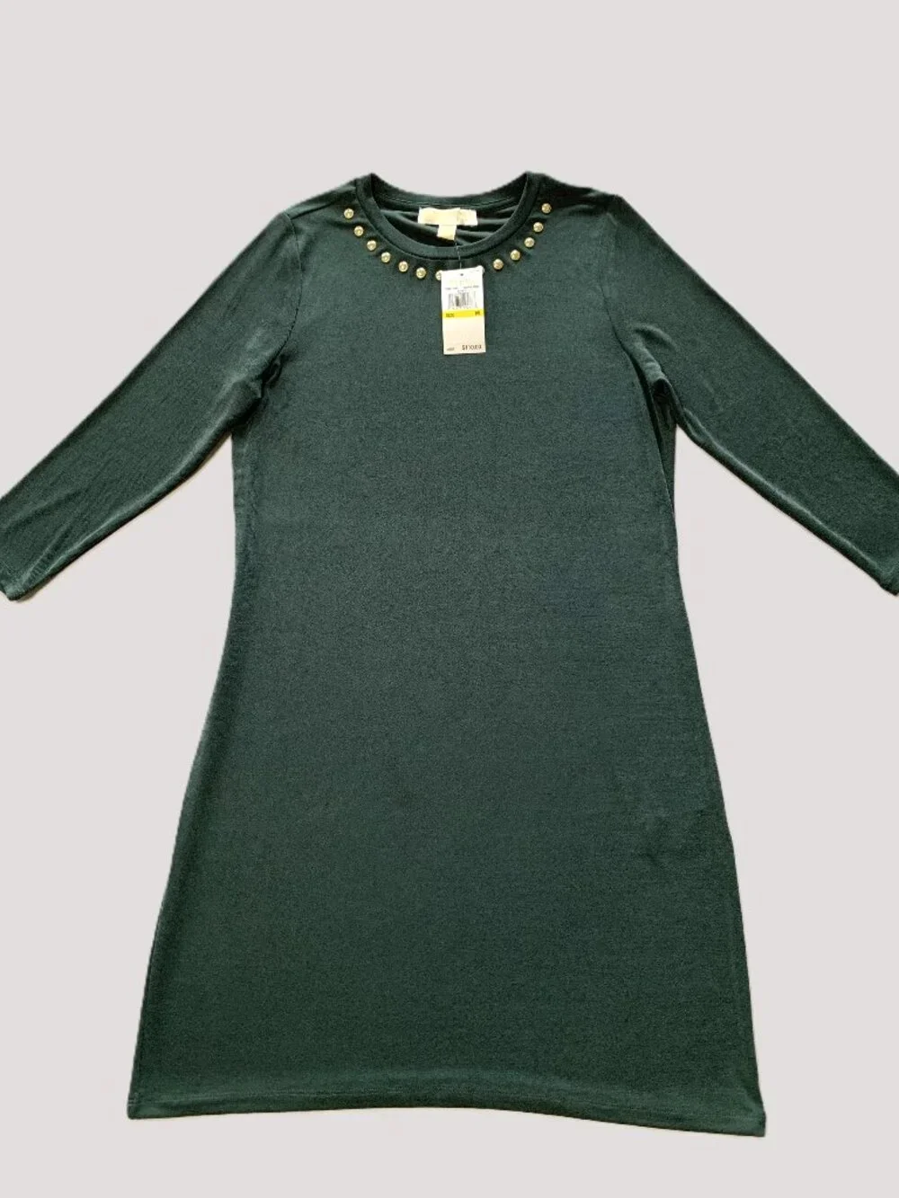 Brand New Michael Kors Dark Green Studded Neck Dress Long Sleeves Size M